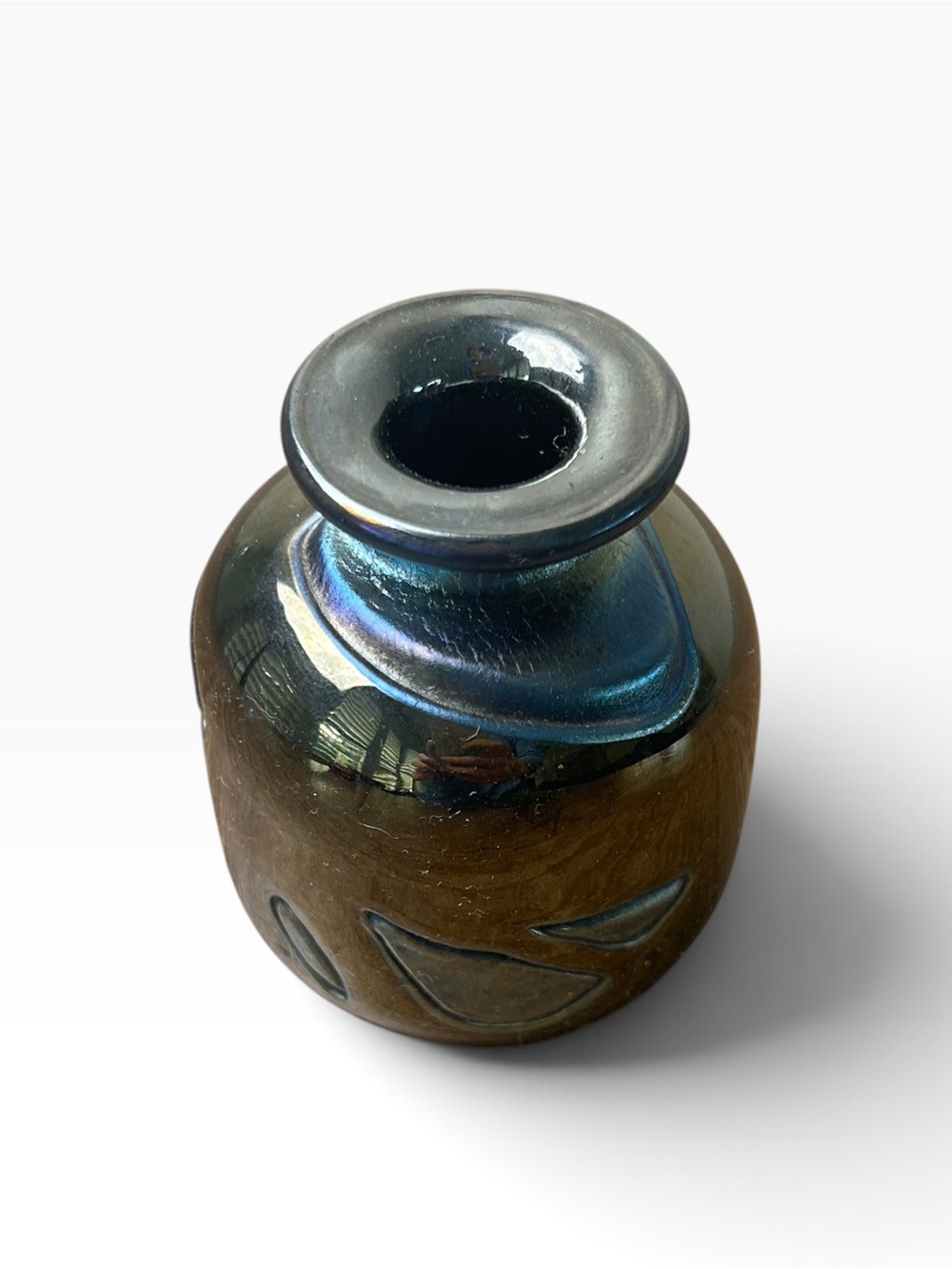 Iridescent Art Glass Mini Vase Brown Blue Geometric Design